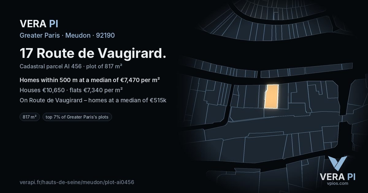 17 Route de Vaugirard, Meudon at night – the plot lit, the parcels around coloured by the prices near them