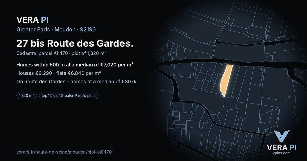 27 bis Route des Gardes, Meudon at night – the plot lit, the parcels around coloured by the prices near them