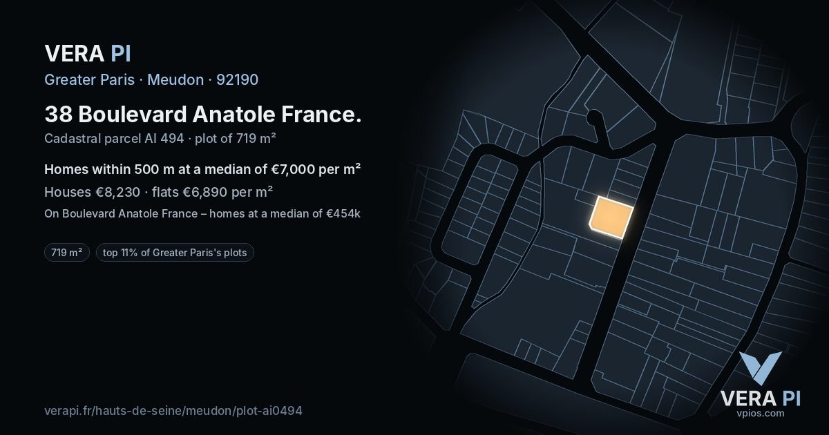 38 Boulevard Anatole France, Meudon at night – the plot lit, the parcels around coloured by the prices near them