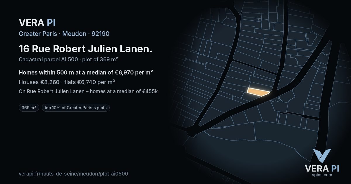 16 Rue Robert Julien Lanen, Meudon at night – the plot lit, the parcels around coloured by the prices near them