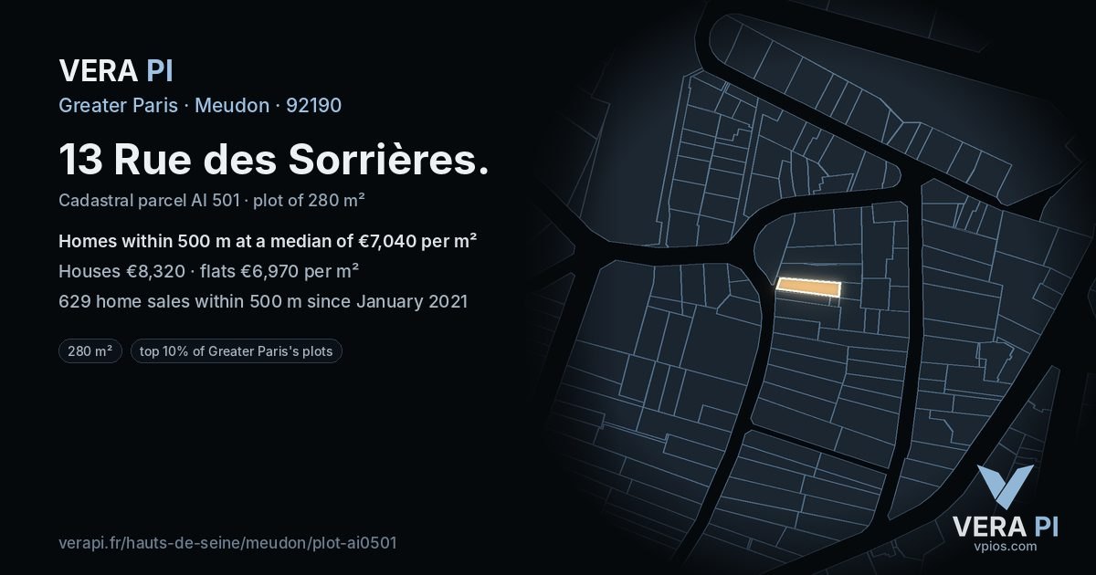 13 Rue des Sorrières, Meudon at night – the plot lit, the parcels around coloured by the prices near them