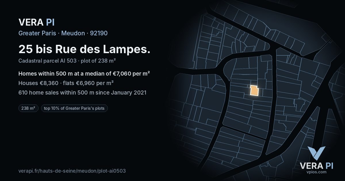 25 bis Rue des Lampes, Meudon at night – the plot lit, the parcels around coloured by the prices near them