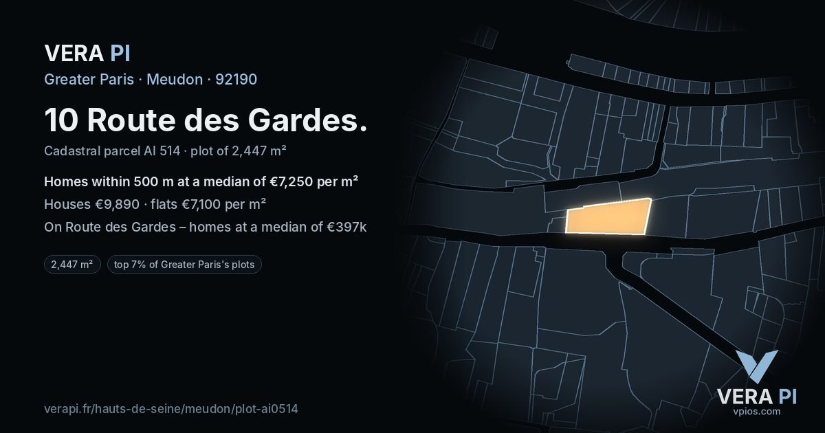 10 Route des Gardes, Meudon at night – the plot lit, the parcels around coloured by the prices near them