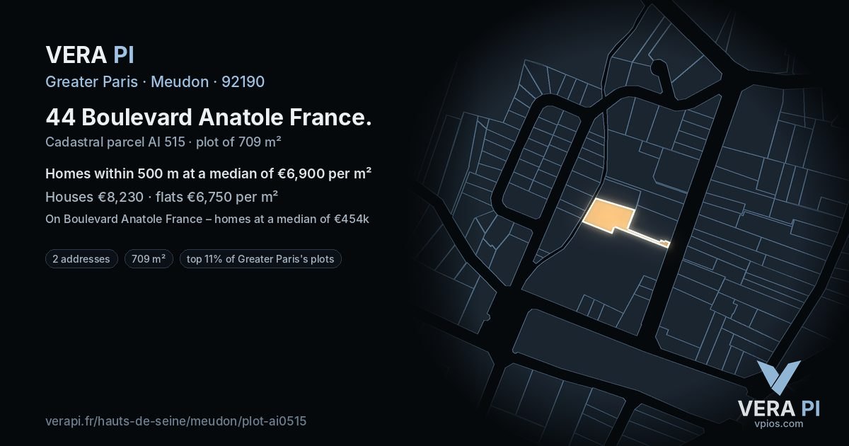 44 Boulevard Anatole France, Meudon at night – the plot lit, the parcels around coloured by the prices near them