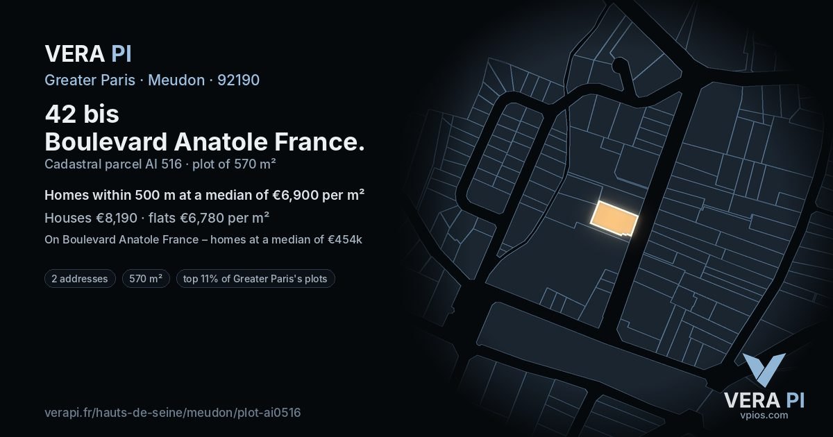 42 bis Boulevard Anatole France, Meudon at night – the plot lit, the parcels around coloured by the prices near them