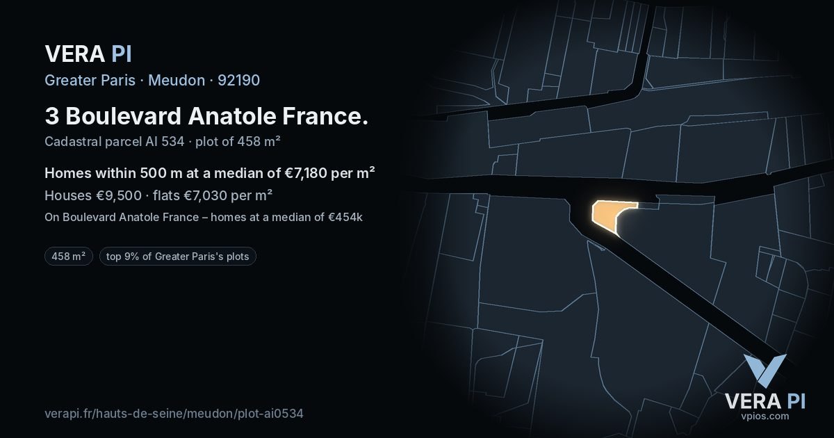 3 Boulevard Anatole France, Meudon at night – the plot lit, the parcels around coloured by the prices near them