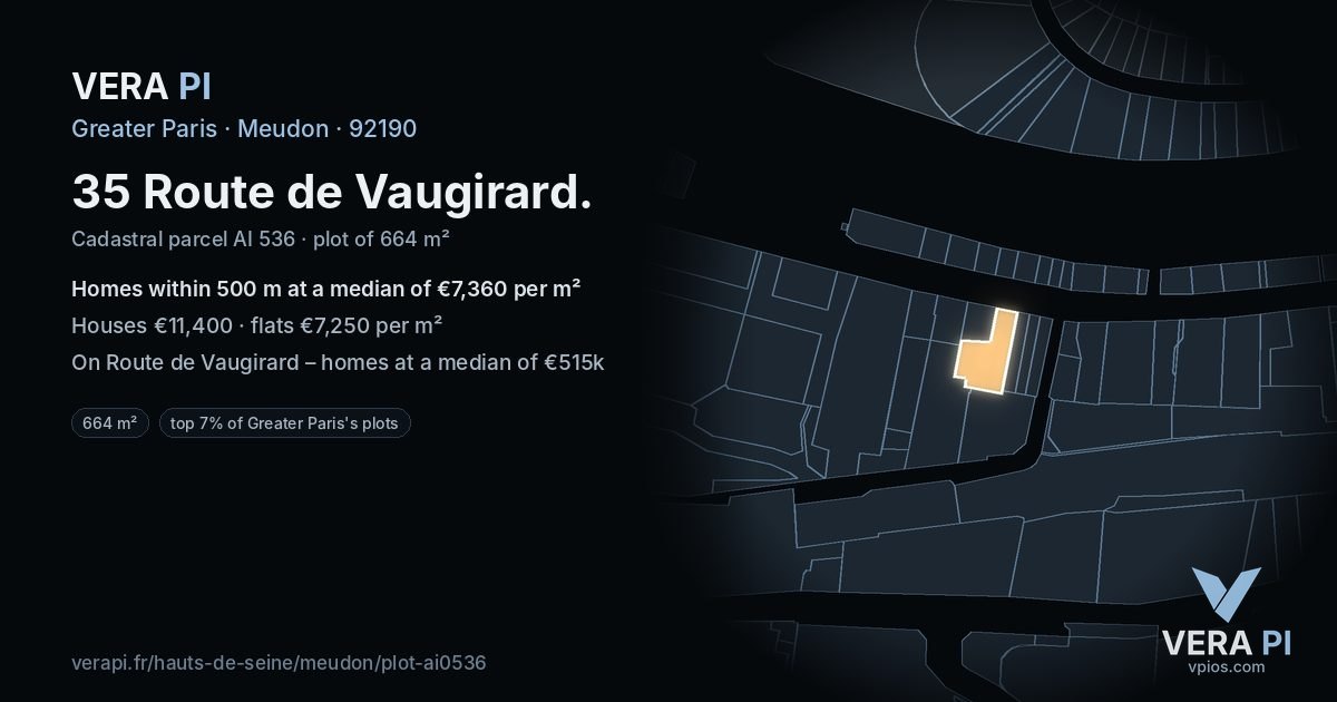 35 Route de Vaugirard, Meudon at night – the plot lit, the parcels around coloured by the prices near them