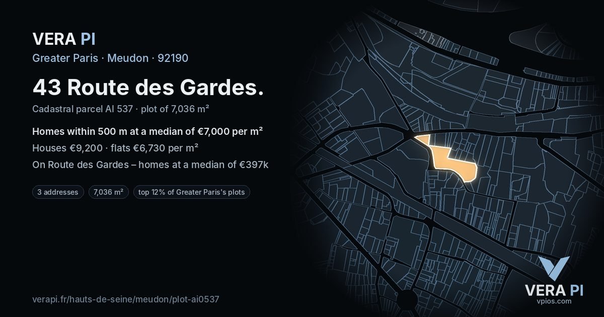43 Route des Gardes, Meudon at night – the plot lit, the parcels around coloured by the prices near them