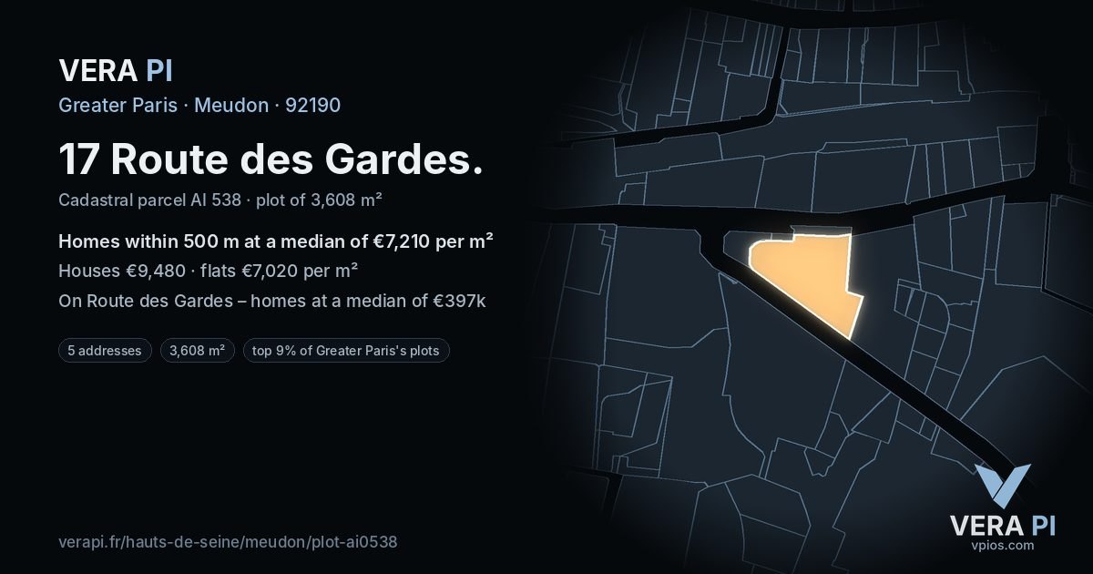 17 Route des Gardes, Meudon at night – the plot lit, the parcels around coloured by the prices near them
