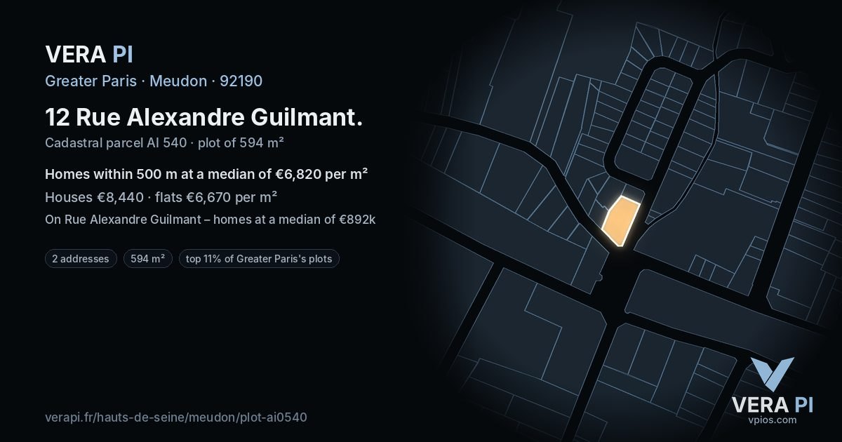 12 Rue Alexandre Guilmant, Meudon at night – the plot lit, the parcels around coloured by the prices near them