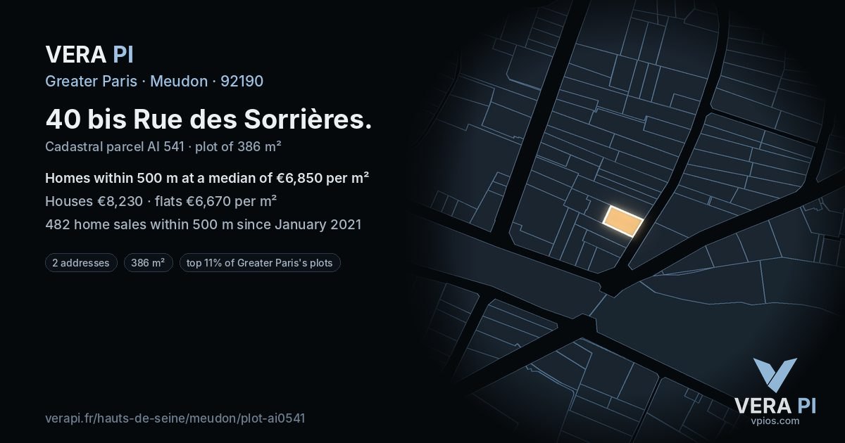 40 bis Rue des Sorrières, Meudon at night – the plot lit, the parcels around coloured by the prices near them