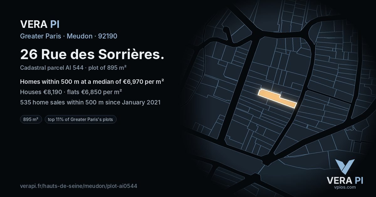 26 Rue des Sorrières, Meudon at night – the plot lit, the parcels around coloured by the prices near them