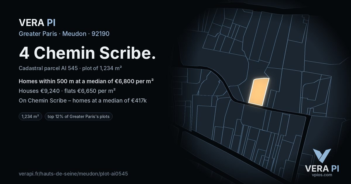 4 Chemin Scribe, Meudon at night – the plot lit, the parcels around coloured by the prices near them