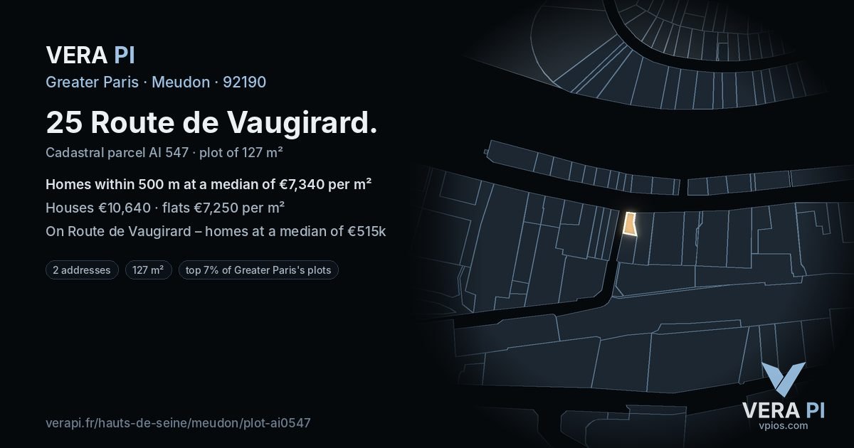 25 Route de Vaugirard, Meudon at night – the plot lit, the parcels around coloured by the prices near them