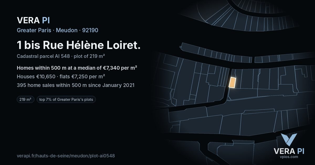 1 bis Rue Hélène Loiret, Meudon at night – the plot lit, the parcels around coloured by the prices near them