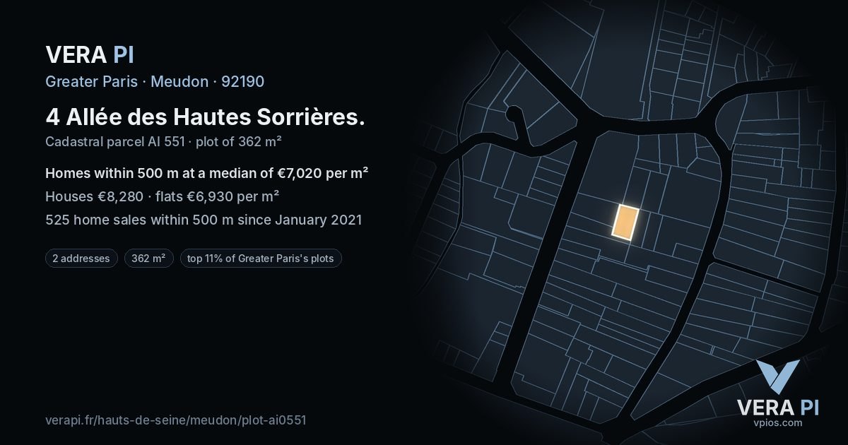 4 Allée des Hautes Sorrières, Meudon at night – the plot lit, the parcels around coloured by the prices near them