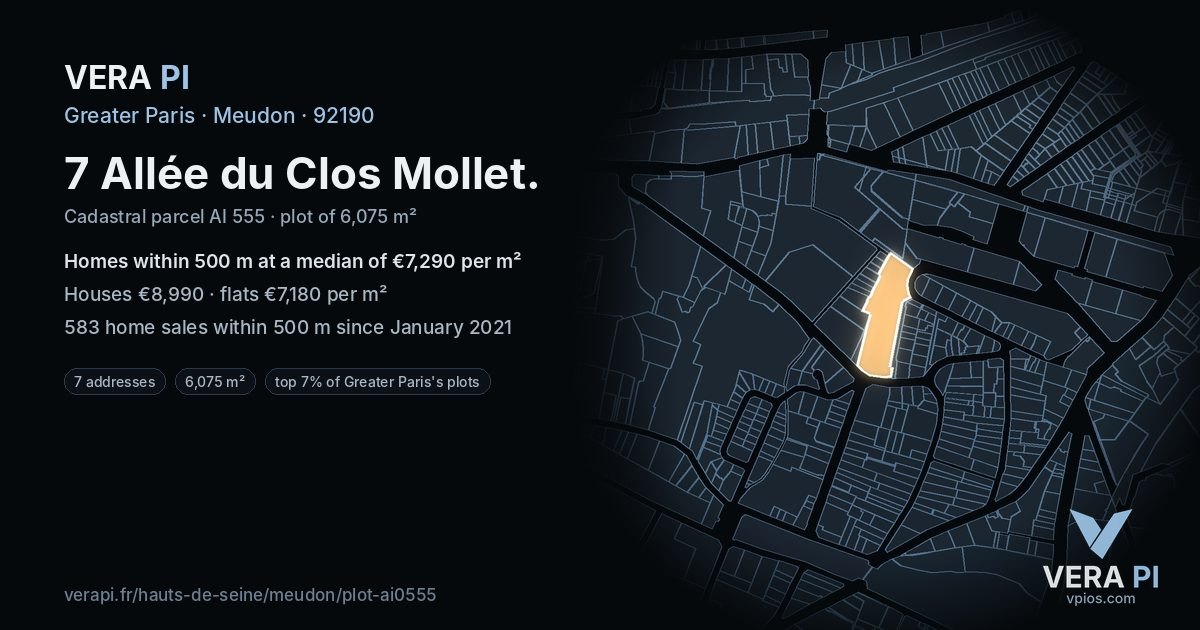 7 Allée du Clos Mollet, Meudon at night – the plot lit, the parcels around coloured by the prices near them
