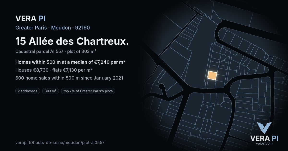 15 Allée des Chartreux, Meudon at night – the plot lit, the parcels around coloured by the prices near them