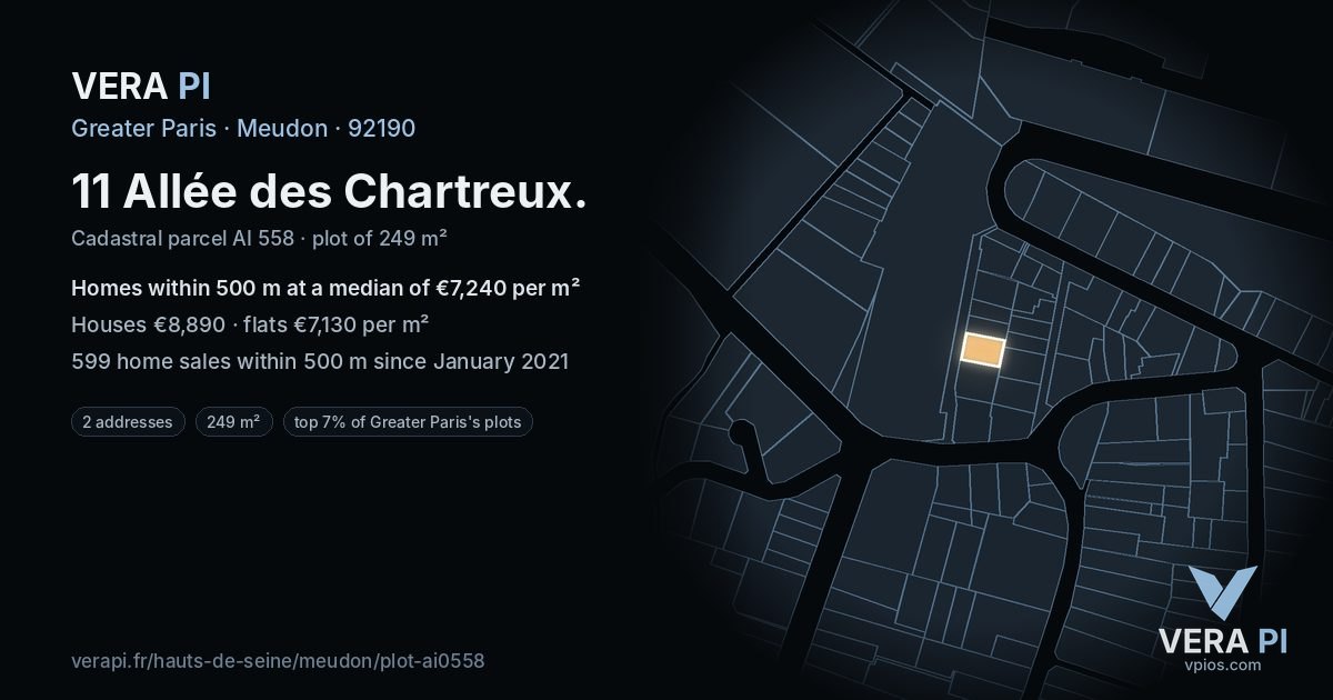 11 Allée des Chartreux, Meudon at night – the plot lit, the parcels around coloured by the prices near them