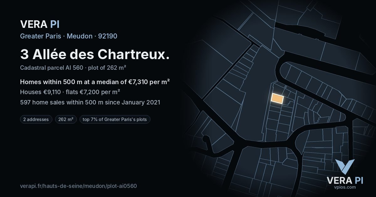 3 Allée des Chartreux, Meudon at night – the plot lit, the parcels around coloured by the prices near them