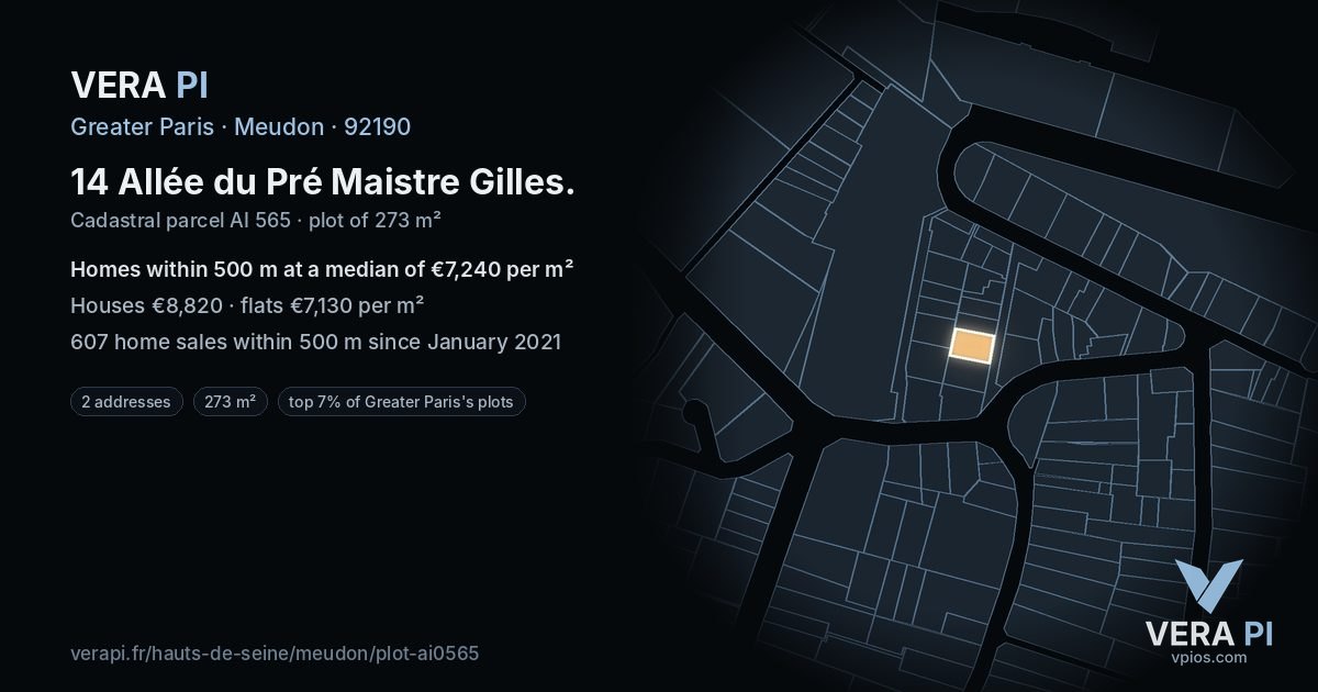 14 Allée du Pré Maistre Gilles, Meudon at night – the plot lit, the parcels around coloured by the prices near them