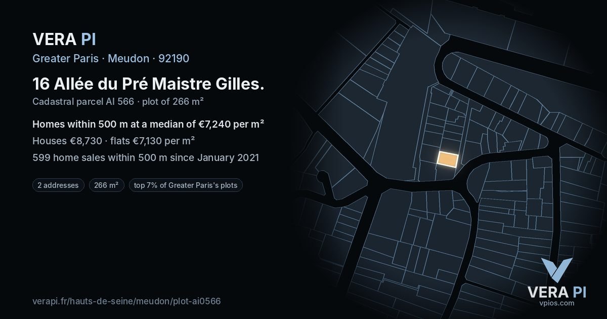 16 Allée du Pré Maistre Gilles, Meudon at night – the plot lit, the parcels around coloured by the prices near them