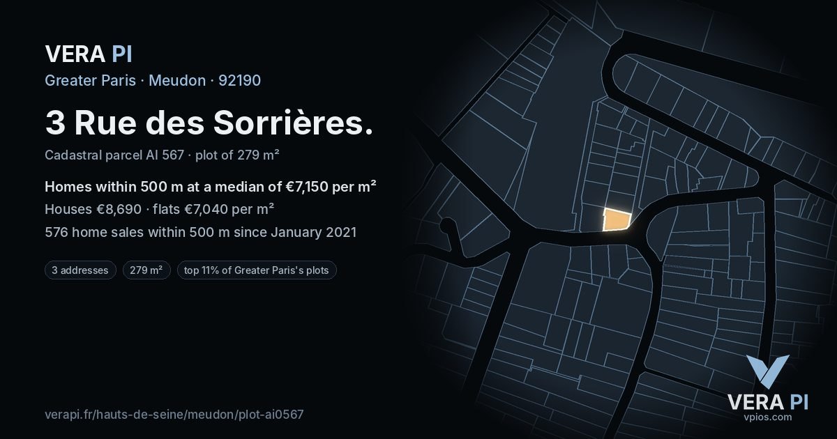 3 Rue des Sorrières, Meudon at night – the plot lit, the parcels around coloured by the prices near them