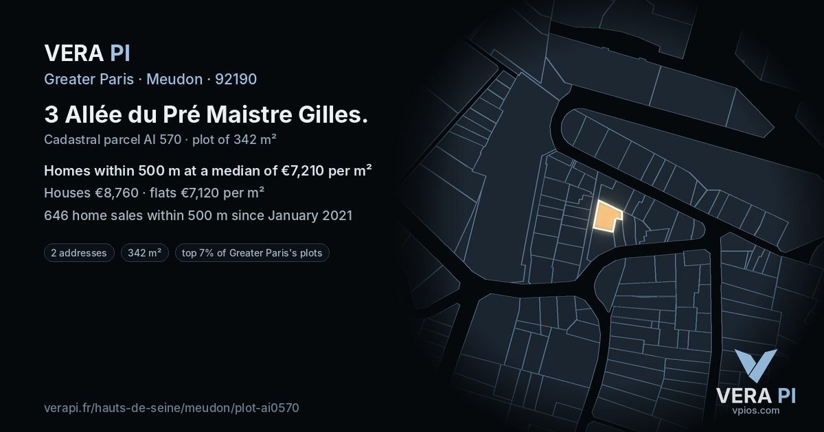 3 Allée du Pré Maistre Gilles, Meudon at night – the plot lit, the parcels around coloured by the prices near them