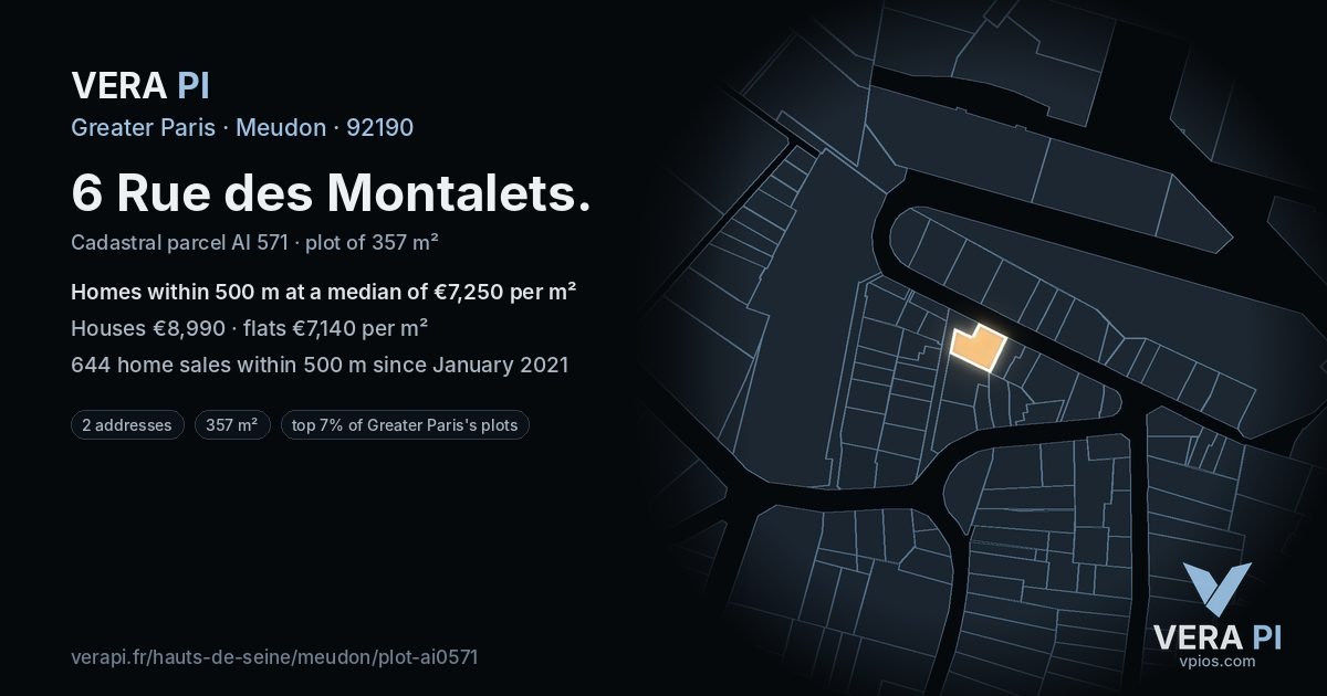 6 Rue des Montalets, Meudon at night – the plot lit, the parcels around coloured by the prices near them