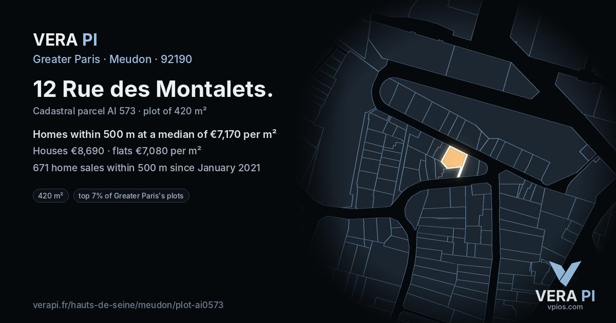 12 Rue des Montalets, Meudon at night – the plot lit, the parcels around coloured by the prices near them