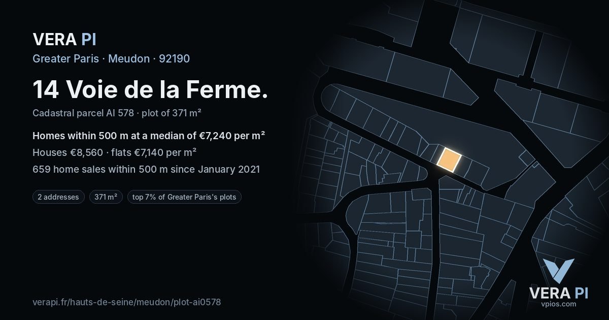 14 Voie de la Ferme, Meudon at night – the plot lit, the parcels around coloured by the prices near them