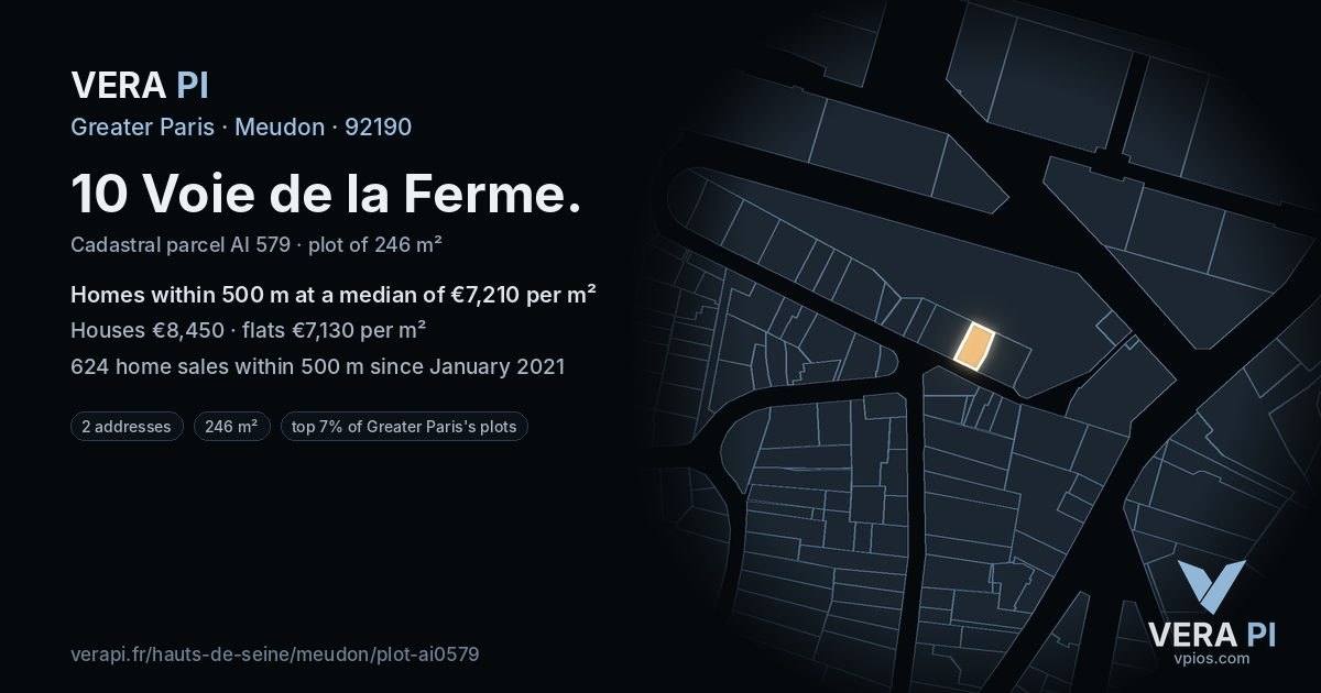 10 Voie de la Ferme, Meudon at night – the plot lit, the parcels around coloured by the prices near them