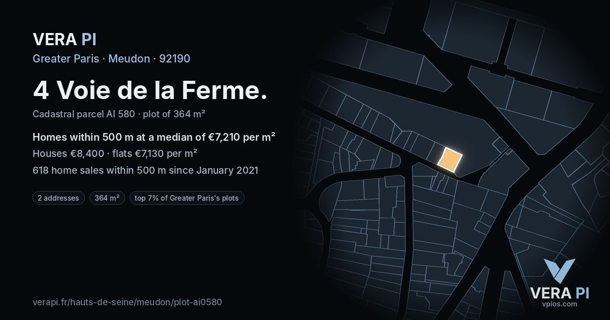 4 Voie de la Ferme, Meudon at night – the plot lit, the parcels around coloured by the prices near them