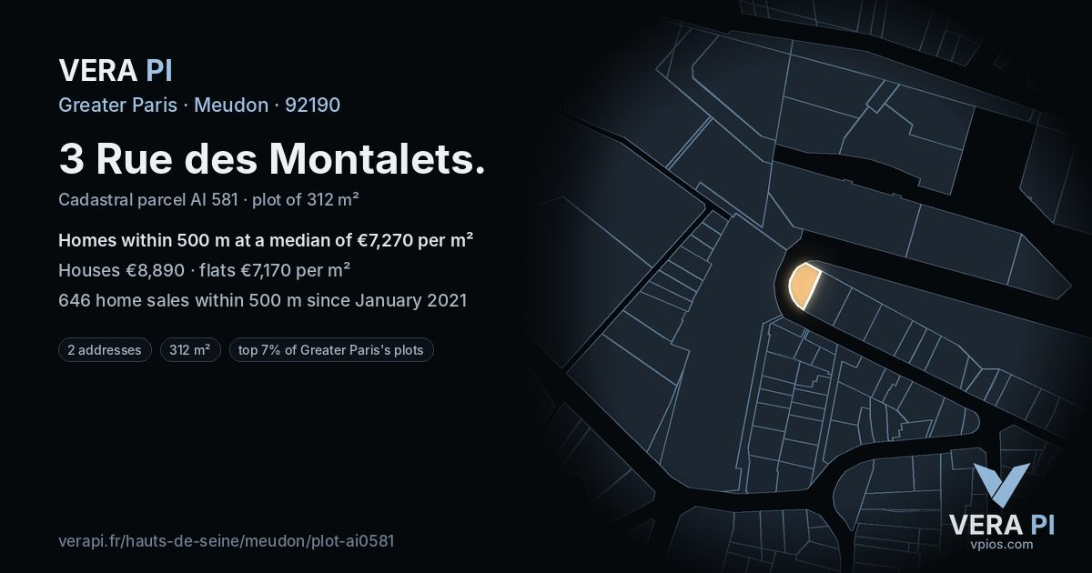 3 Rue des Montalets, Meudon at night – the plot lit, the parcels around coloured by the prices near them