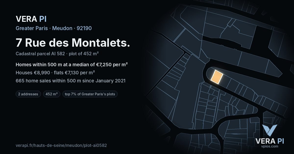 7 Rue des Montalets, Meudon at night – the plot lit, the parcels around coloured by the prices near them
