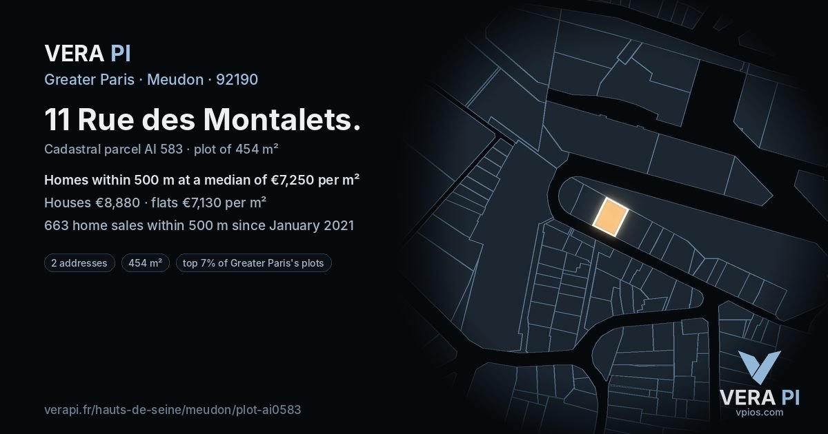 11 Rue des Montalets, Meudon at night – the plot lit, the parcels around coloured by the prices near them