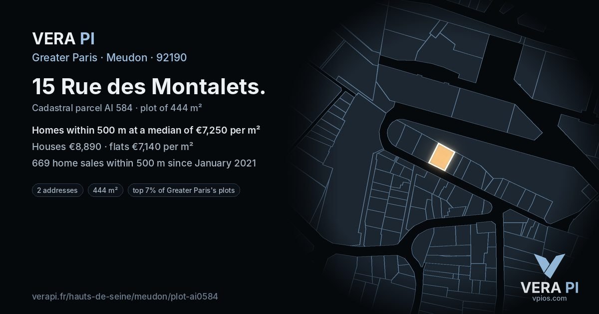 15 Rue des Montalets, Meudon at night – the plot lit, the parcels around coloured by the prices near them