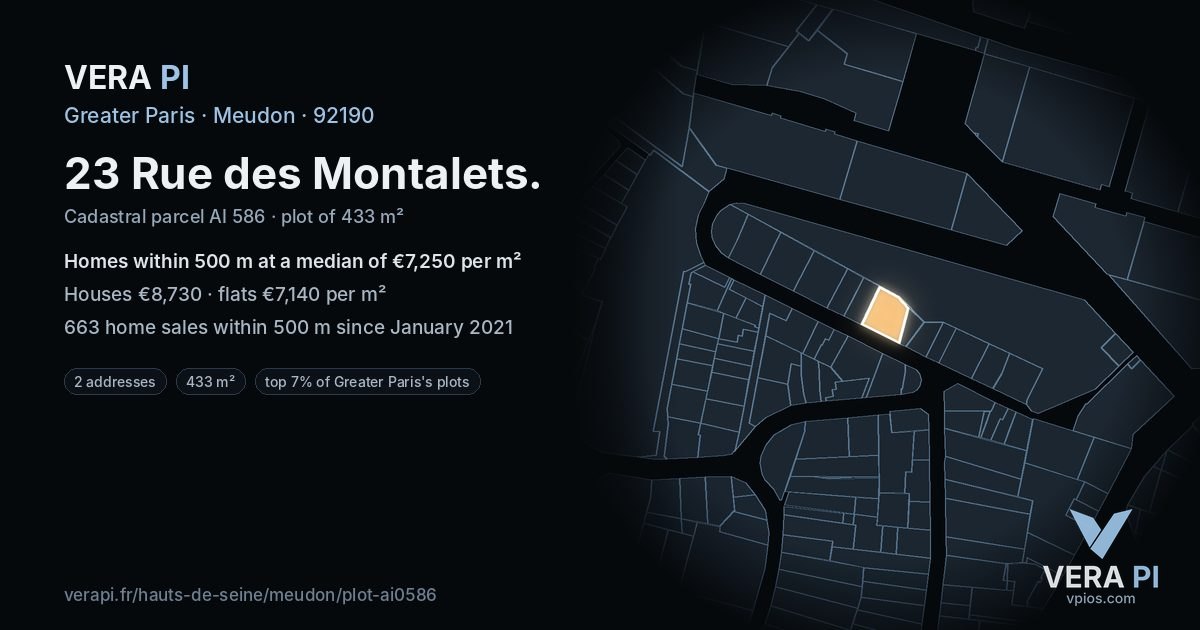23 Rue des Montalets, Meudon at night – the plot lit, the parcels around coloured by the prices near them
