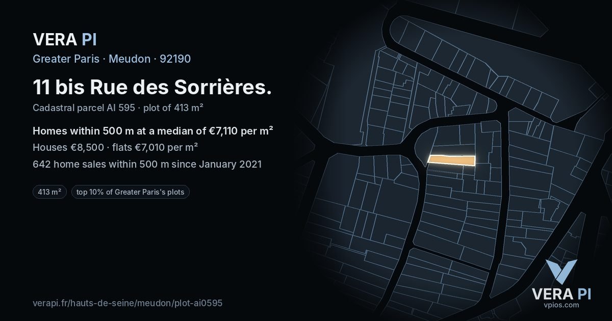 11 bis Rue des Sorrières, Meudon at night – the plot lit, the parcels around coloured by the prices near them