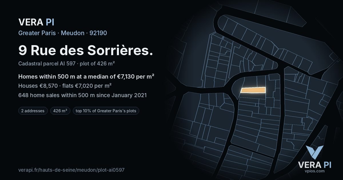 9 Rue des Sorrières, Meudon at night – the plot lit, the parcels around coloured by the prices near them