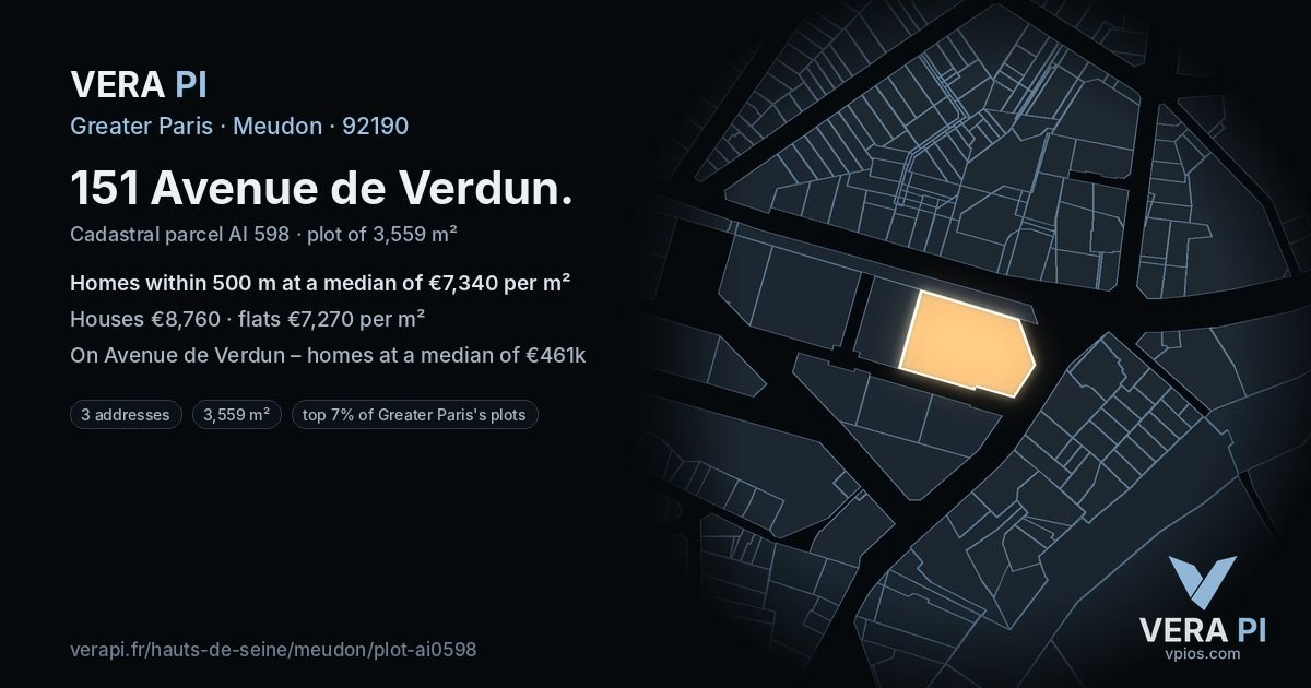 151 Avenue de Verdun, Meudon at night – the plot lit, the parcels around coloured by the prices near them