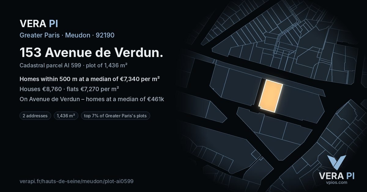 153 Avenue de Verdun, Meudon at night – the plot lit, the parcels around coloured by the prices near them