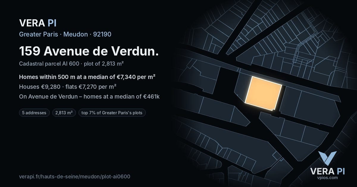 159 Avenue de Verdun, Meudon at night – the plot lit, the parcels around coloured by the prices near them