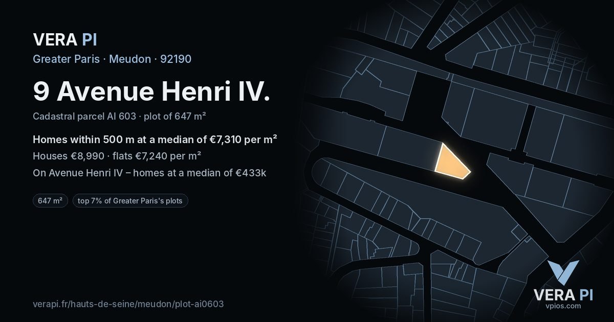 9 Avenue Henri IV, Meudon at night – the plot lit, the parcels around coloured by the prices near them