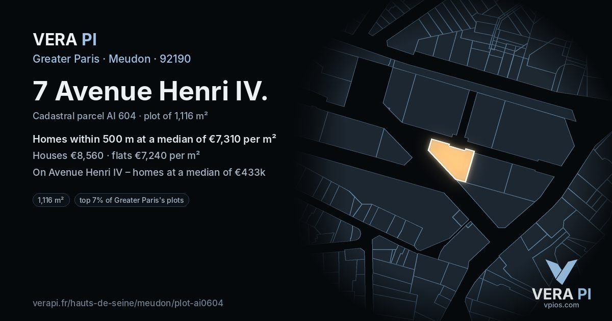 7 Avenue Henri IV, Meudon at night – the plot lit, the parcels around coloured by the prices near them