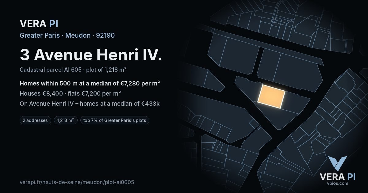 3 Avenue Henri IV, Meudon at night – the plot lit, the parcels around coloured by the prices near them