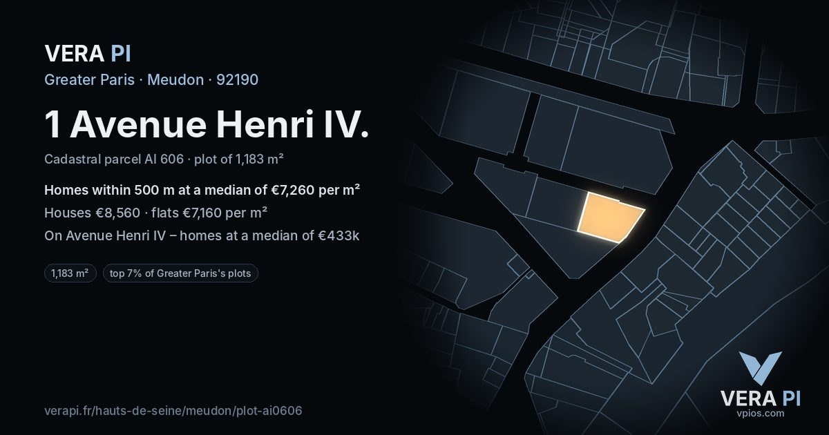 1 Avenue Henri IV, Meudon at night – the plot lit, the parcels around coloured by the prices near them