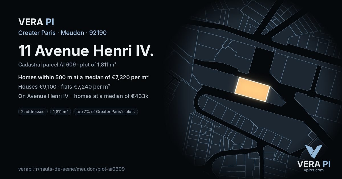 11 Avenue Henri IV, Meudon at night – the plot lit, the parcels around coloured by the prices near them
