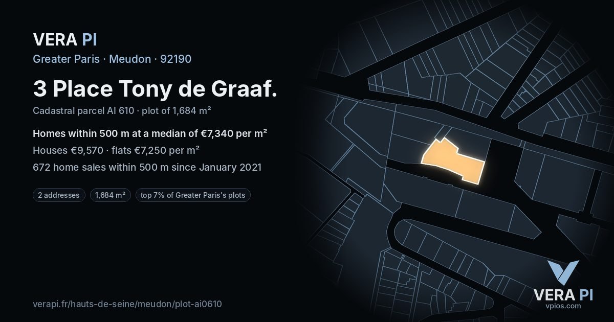 3 Place Tony de Graaf, Meudon at night – the plot lit, the parcels around coloured by the prices near them