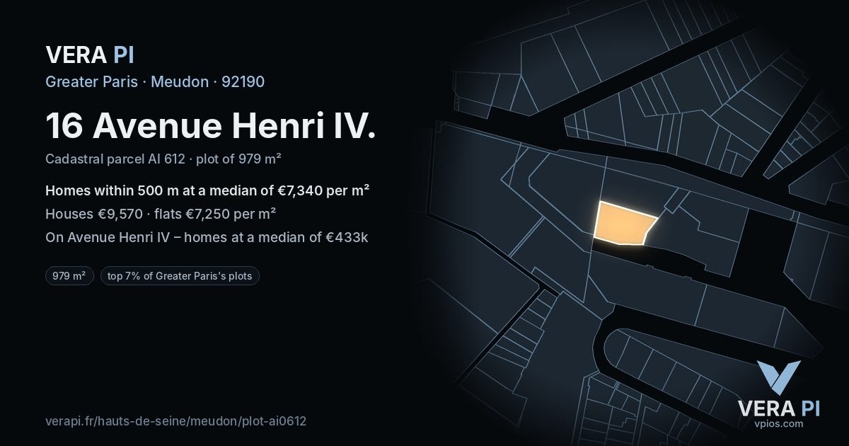 16 Avenue Henri IV, Meudon at night – the plot lit, the parcels around coloured by the prices near them